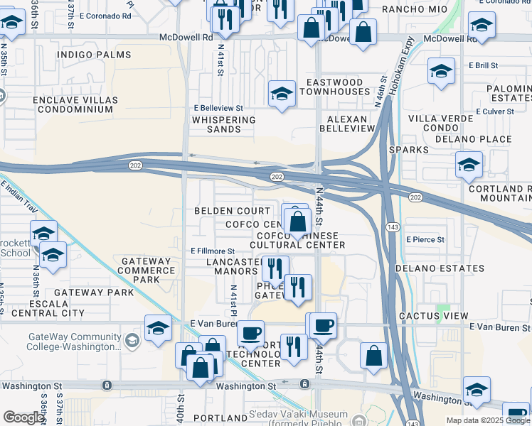 map of restaurants, bars, coffee shops, grocery stores, and more near 886 North Cofco Center Court in Phoenix