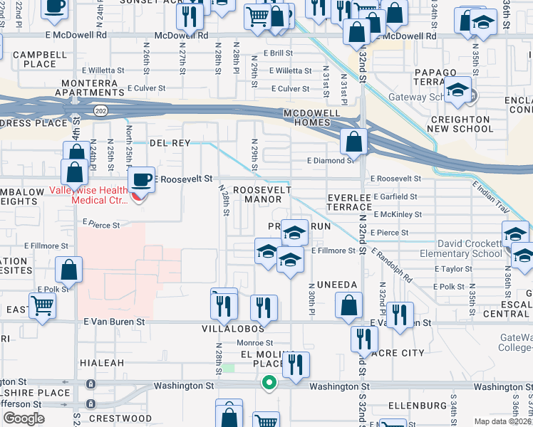 map of restaurants, bars, coffee shops, grocery stores, and more near 2915 East Roosevelt Street in Phoenix