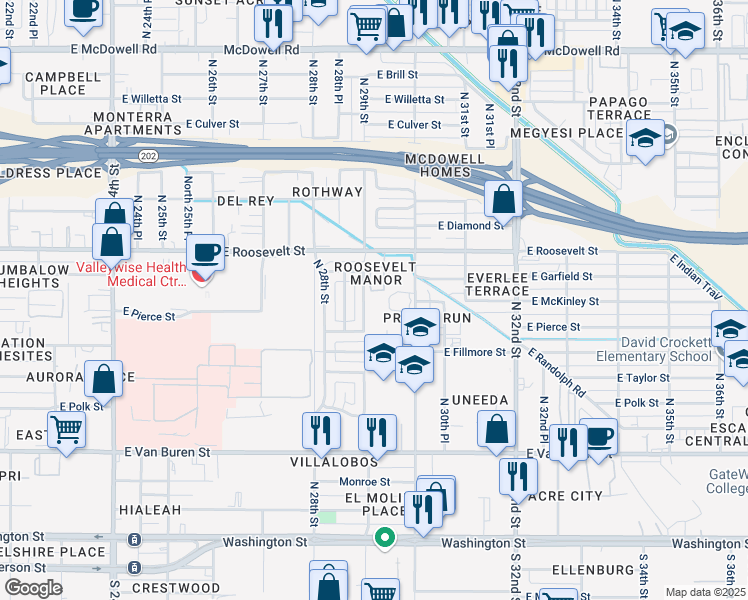 map of restaurants, bars, coffee shops, grocery stores, and more near 2915 East Roosevelt Street in Phoenix