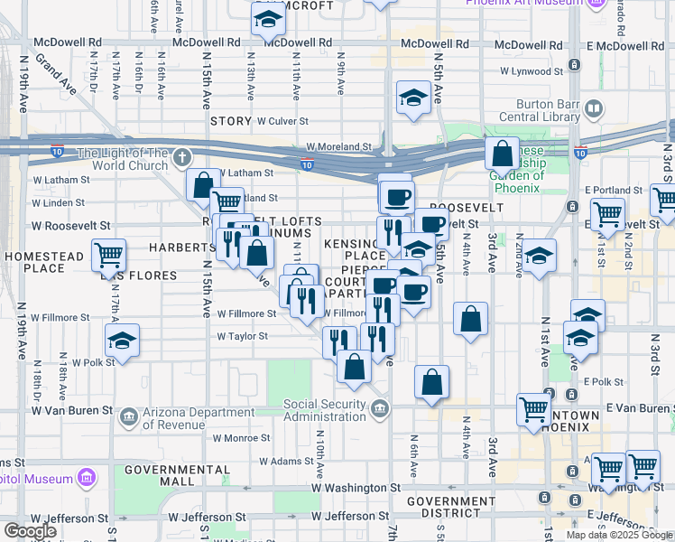 map of restaurants, bars, coffee shops, grocery stores, and more near 813 North 9th Avenue in Phoenix