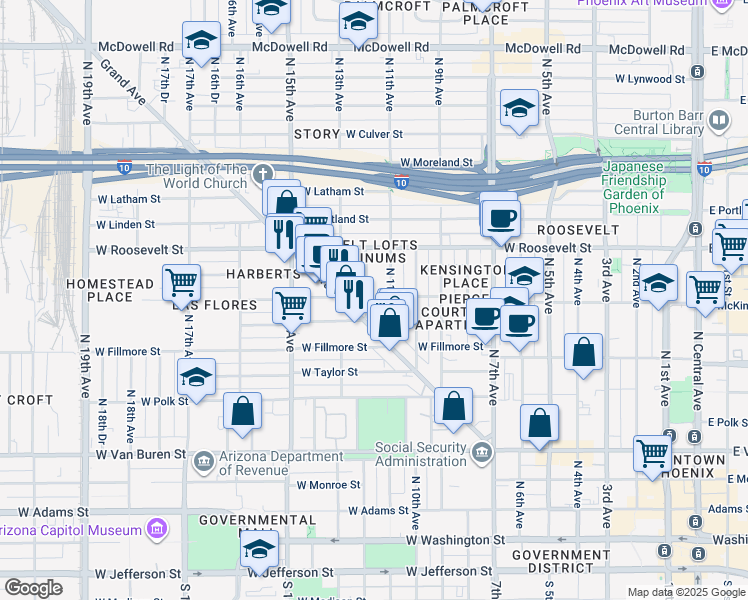 map of restaurants, bars, coffee shops, grocery stores, and more near 818 North 11th Avenue in Phoenix