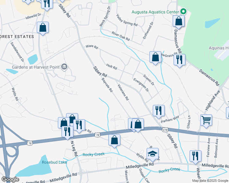 map of restaurants, bars, coffee shops, grocery stores, and more near 2113 Veterans Road in Augusta