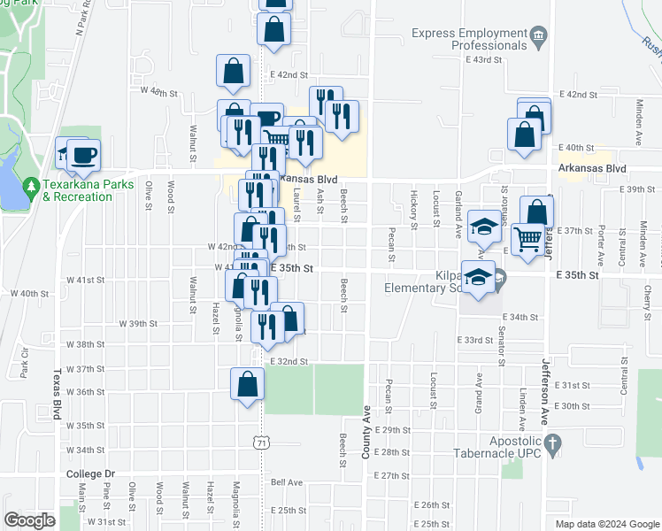 map of restaurants, bars, coffee shops, grocery stores, and more near 307 East 35th Street in Texarkana