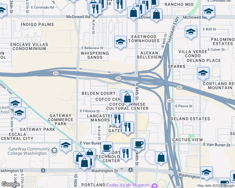 map of restaurants, bars, coffee shops, grocery stores, and more near 886 North Cofco Center Court in Phoenix