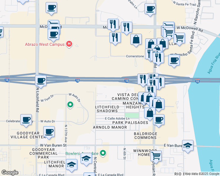 map of restaurants, bars, coffee shops, grocery stores, and more near Papago Fwy in Goodyear