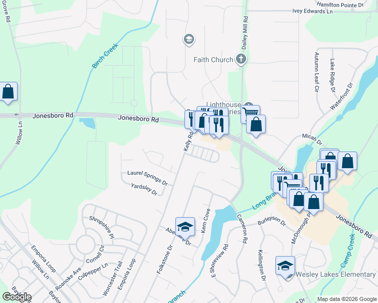 map of restaurants, bars, coffee shops, grocery stores, and more near 1325 Forsythia Way in McDonough