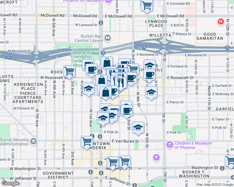 map of restaurants, bars, coffee shops, grocery stores, and more near 800 North 2nd Street in Phoenix