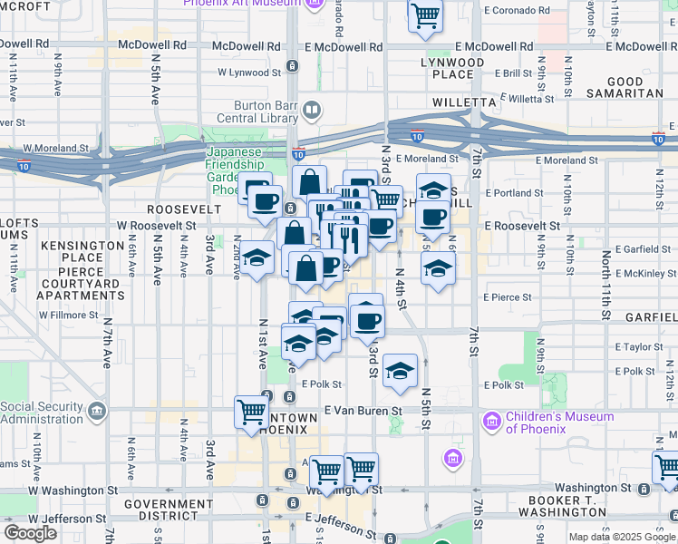 map of restaurants, bars, coffee shops, grocery stores, and more near 800 North 2nd Street in Phoenix