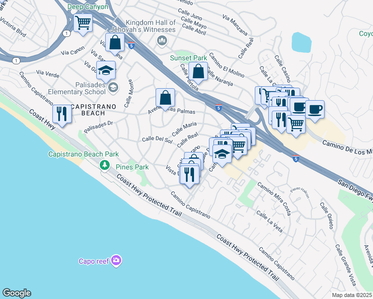 map of restaurants, bars, coffee shops, grocery stores, and more near 34842 Calle Del Sol in Dana Point