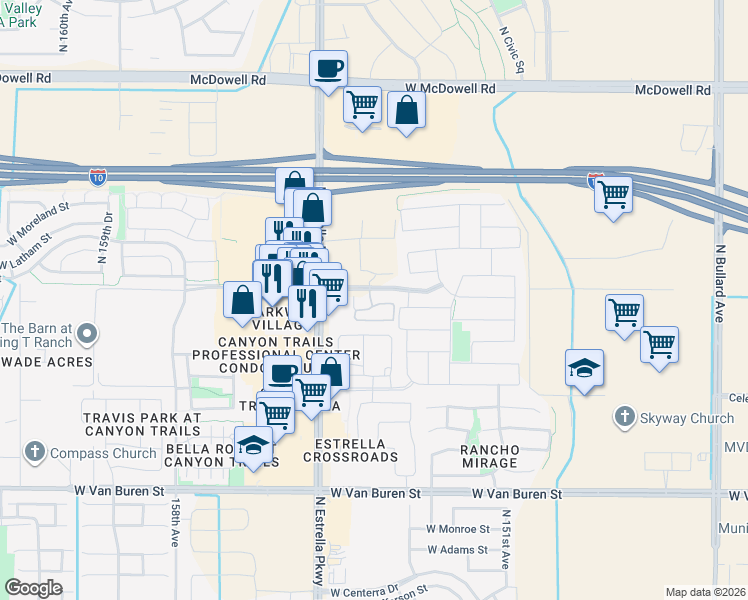 map of restaurants, bars, coffee shops, grocery stores, and more near 15447 West Baden Street in Goodyear