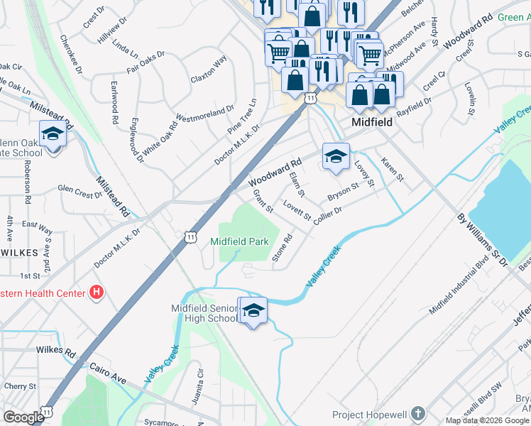 map of restaurants, bars, coffee shops, grocery stores, and more near 1728 Brizendine Drive in Birmingham