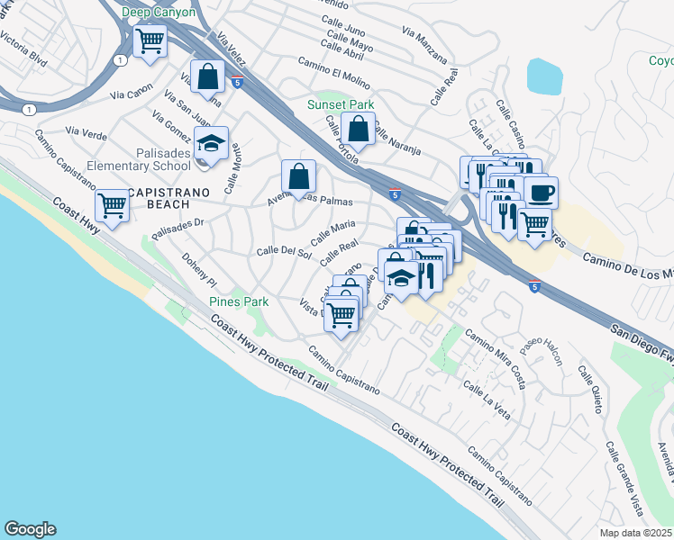 map of restaurants, bars, coffee shops, grocery stores, and more near 34842 Calle Del Sol in Dana Point