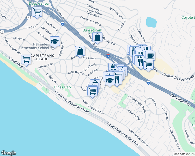 map of restaurants, bars, coffee shops, grocery stores, and more near 26922 Calle Verano in Dana Point
