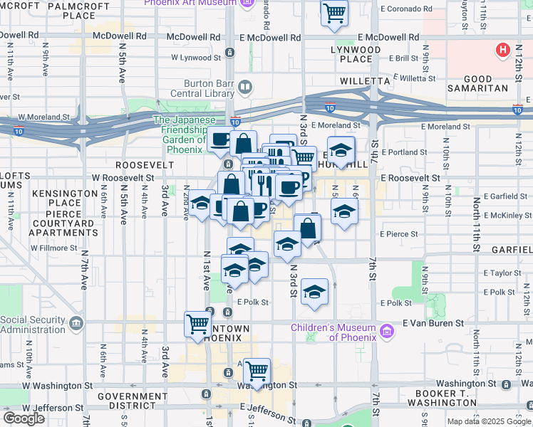 map of restaurants, bars, coffee shops, grocery stores, and more near 821 North 2nd Street in Phoenix