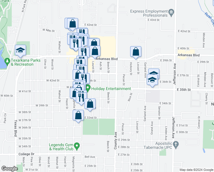 map of restaurants, bars, coffee shops, grocery stores, and more near 3501 Beech Street in Texarkana