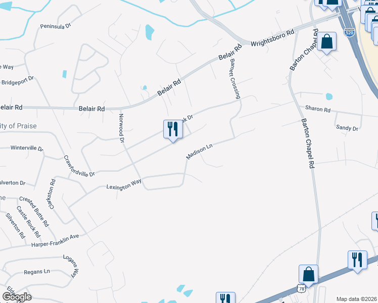 map of restaurants, bars, coffee shops, grocery stores, and more near 3654 Crawfordville Drive in Augusta