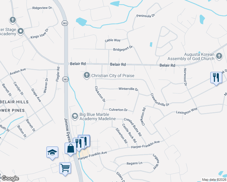 map of restaurants, bars, coffee shops, grocery stores, and more near 2511 Winterville Drive in Augusta