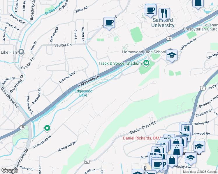map of restaurants, bars, coffee shops, grocery stores, and more near 400 University Park Drive in Homewood