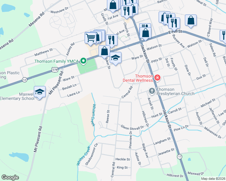 map of restaurants, bars, coffee shops, grocery stores, and more near 503 Fluker Street in Thomson