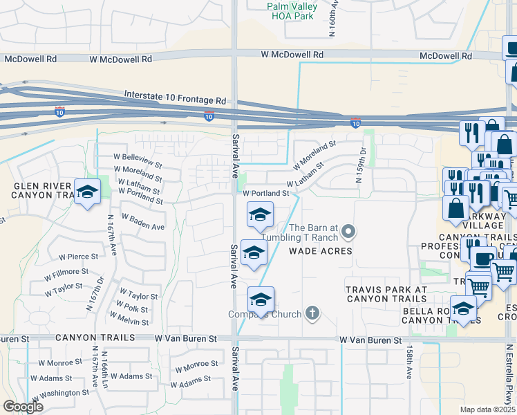 map of restaurants, bars, coffee shops, grocery stores, and more near 16237 West Latham Street in Goodyear
