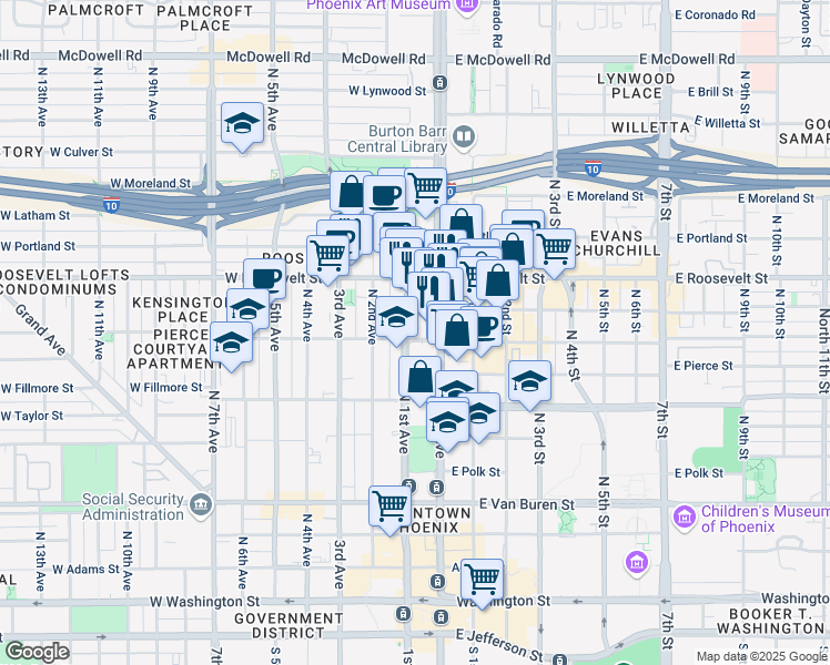 map of restaurants, bars, coffee shops, grocery stores, and more near 801 North 1st Avenue in Phoenix