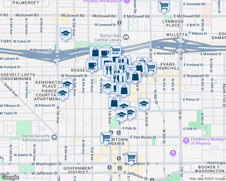 map of restaurants, bars, coffee shops, grocery stores, and more near 801 North 1st Avenue in Phoenix