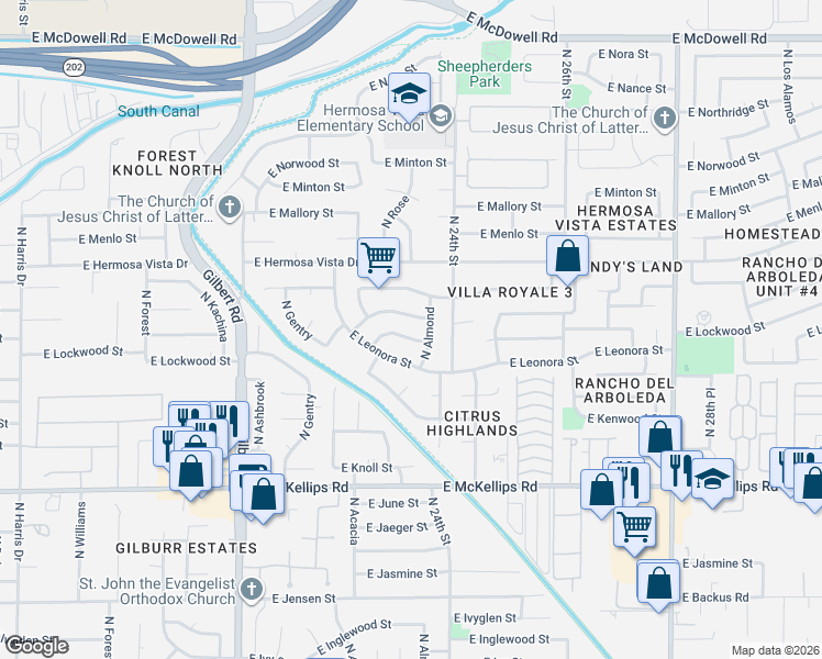 map of restaurants, bars, coffee shops, grocery stores, and more near 2322 East Lynwood Street in Mesa