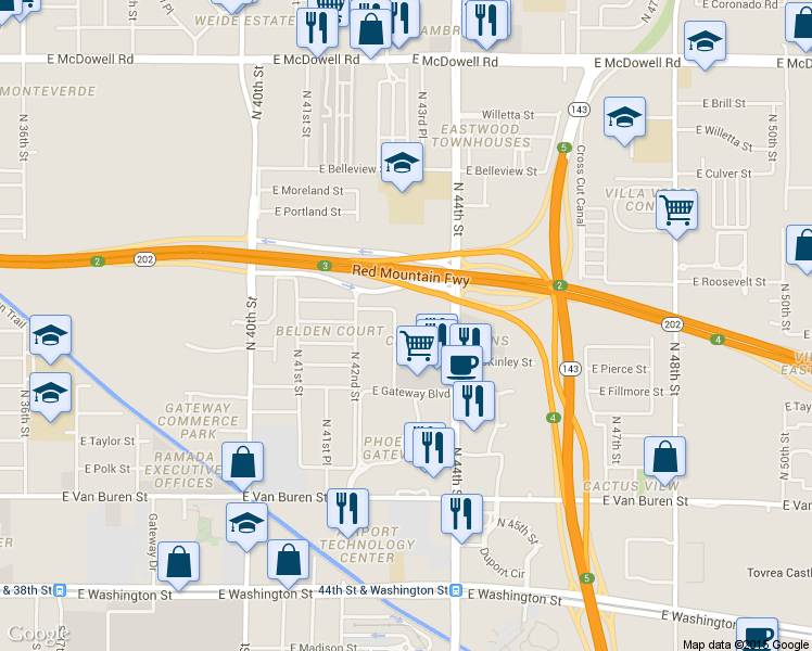 map of restaurants, bars, coffee shops, grocery stores, and more near 889 North Cofco Center Court in Phoenix