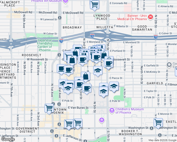 map of restaurants, bars, coffee shops, grocery stores, and more near 850 North 5th Street in Phoenix