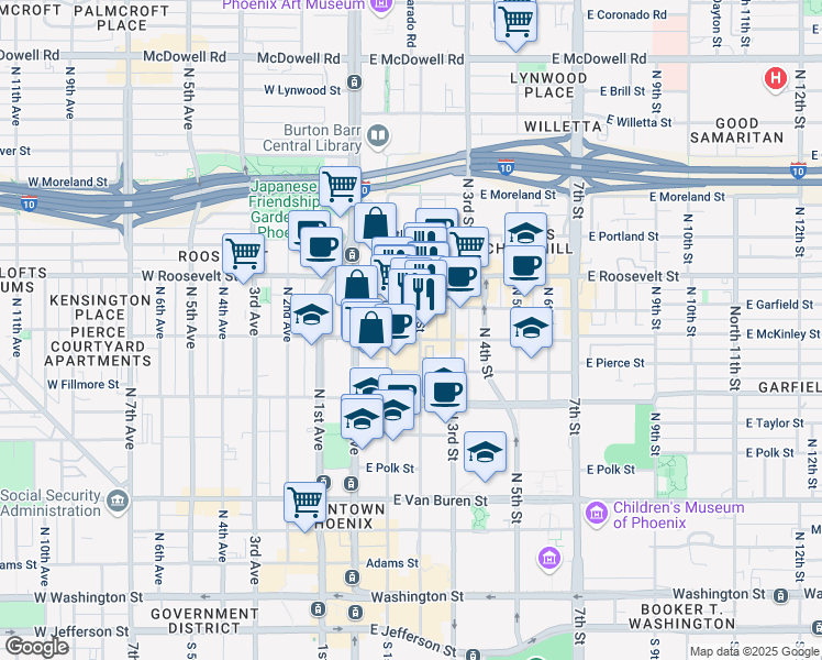 map of restaurants, bars, coffee shops, grocery stores, and more near 821 North 2nd Street in Phoenix