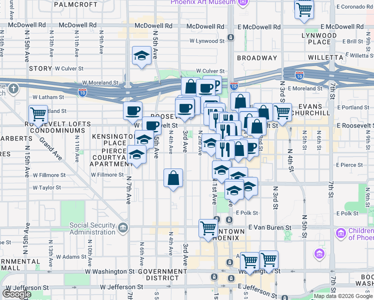 map of restaurants, bars, coffee shops, grocery stores, and more near 816 North 2nd Avenue in Phoenix
