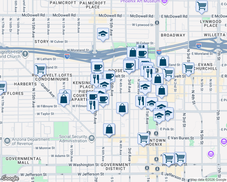 map of restaurants, bars, coffee shops, grocery stores, and more near 821 North 5th Avenue in Phoenix