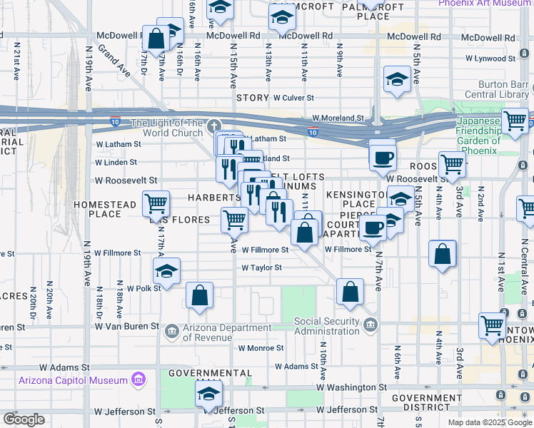 map of restaurants, bars, coffee shops, grocery stores, and more near 1308 Northwest Grand Avenue in Phoenix
