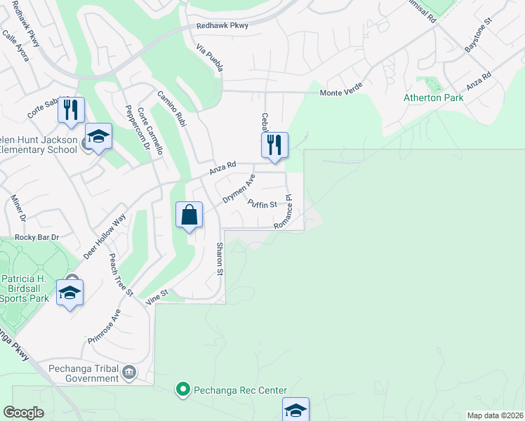 map of restaurants, bars, coffee shops, grocery stores, and more near 33104 Puffin Street in Temecula
