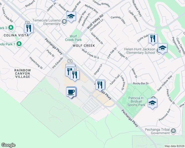 map of restaurants, bars, coffee shops, grocery stores, and more near 46211 Timbermine Lane in Temecula