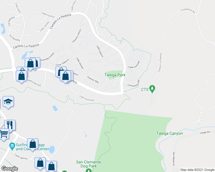 map of restaurants, bars, coffee shops, grocery stores, and more near 41 Avenida Brio in San Clemente