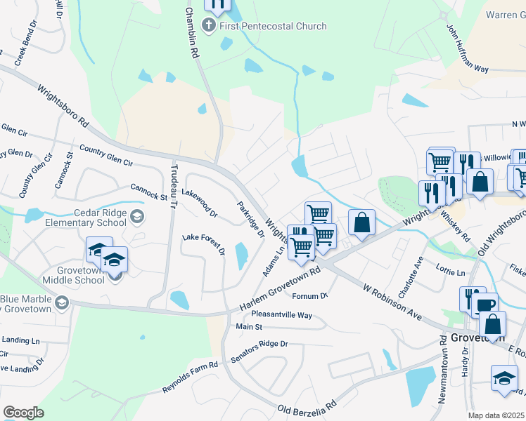 map of restaurants, bars, coffee shops, grocery stores, and more near 3052 Parkridge Drive in Grovetown