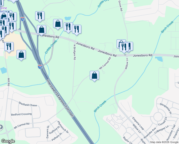map of restaurants, bars, coffee shops, grocery stores, and more near 130 Mount Carmel Road in McDonough