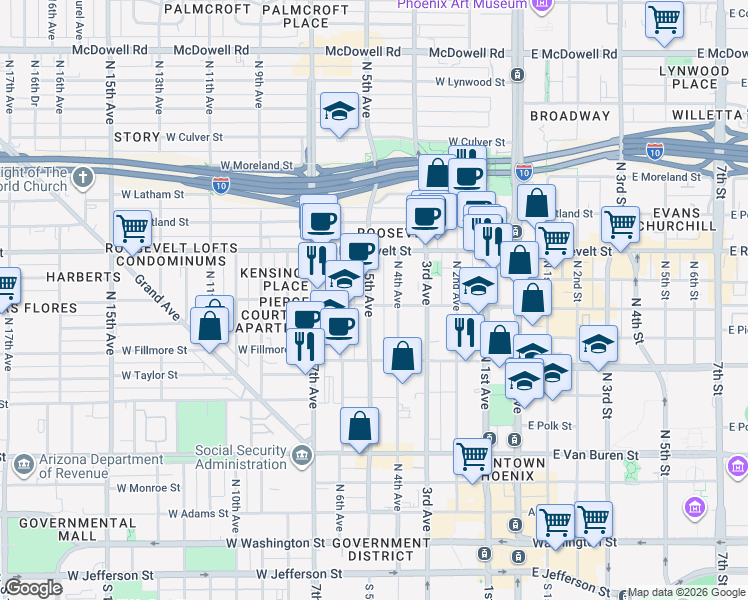 map of restaurants, bars, coffee shops, grocery stores, and more near 821 North 5th Avenue in Phoenix