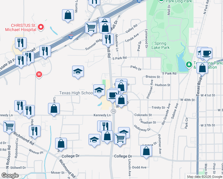 map of restaurants, bars, coffee shops, grocery stores, and more near 4241 Summerhill Road in Texarkana