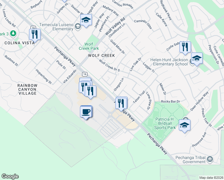 map of restaurants, bars, coffee shops, grocery stores, and more near 46211 Timbermine Lane in Temecula