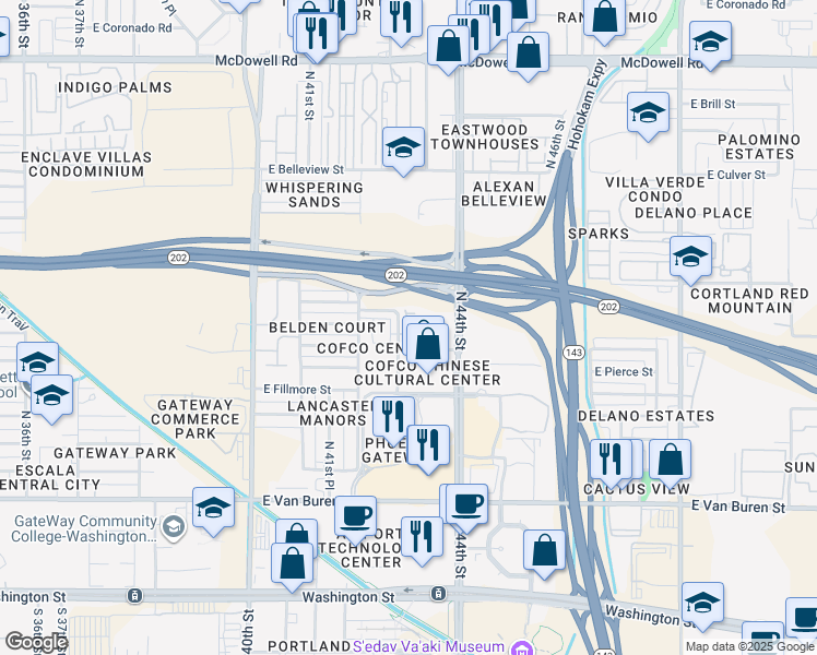 map of restaurants, bars, coffee shops, grocery stores, and more near 889 North Cofco Center Court in Phoenix