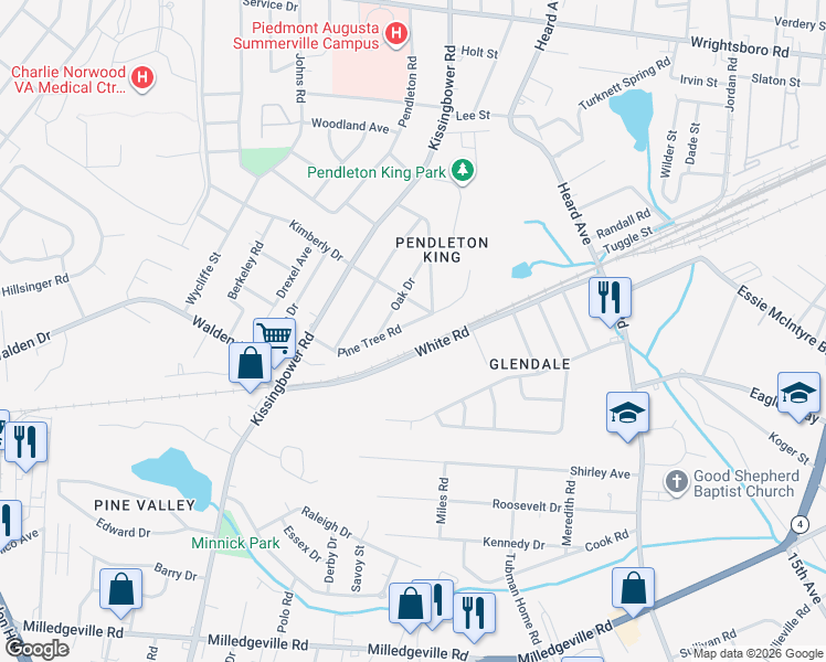 map of restaurants, bars, coffee shops, grocery stores, and more near 1745 Pine Tree Road in Augusta