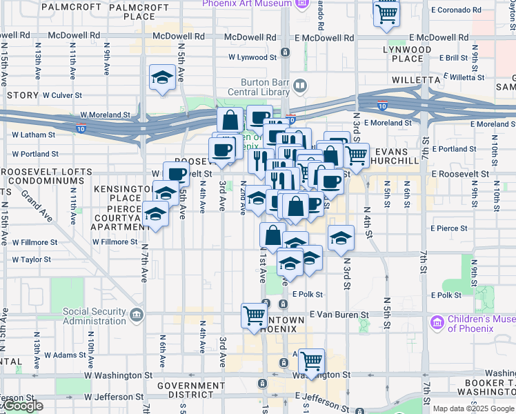 map of restaurants, bars, coffee shops, grocery stores, and more near 802 North 1st Avenue in Phoenix