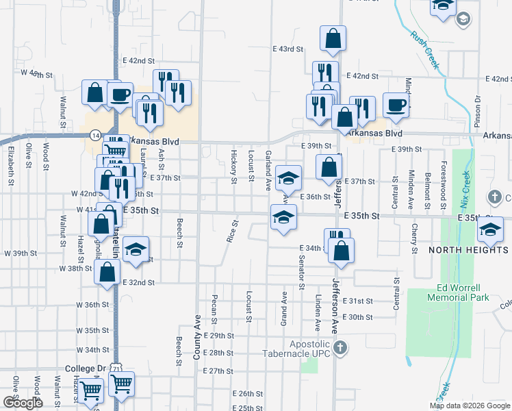 map of restaurants, bars, coffee shops, grocery stores, and more near 3601 Locust Street in Texarkana