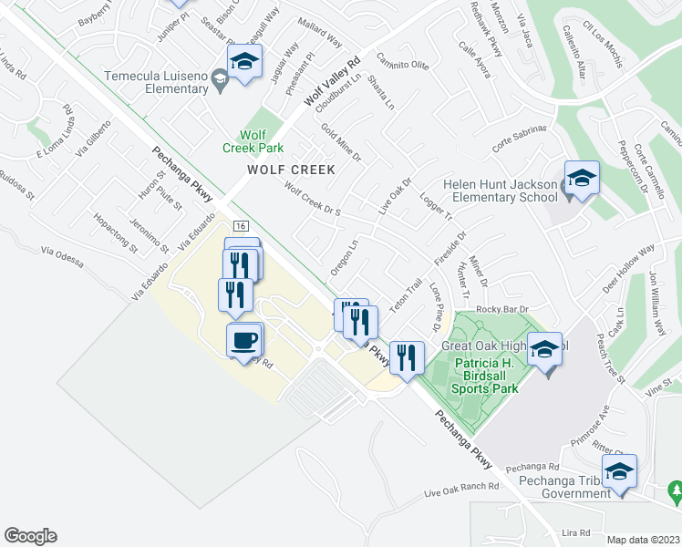 map of restaurants, bars, coffee shops, grocery stores, and more near 31887 Oregon Lane in Temecula