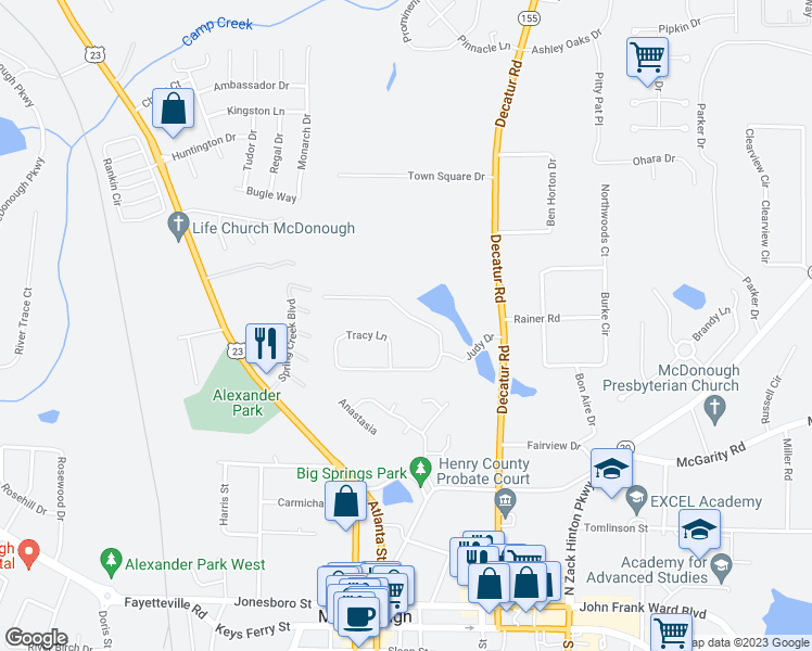 map of restaurants, bars, coffee shops, grocery stores, and more near 336 Judy Drive in McDonough