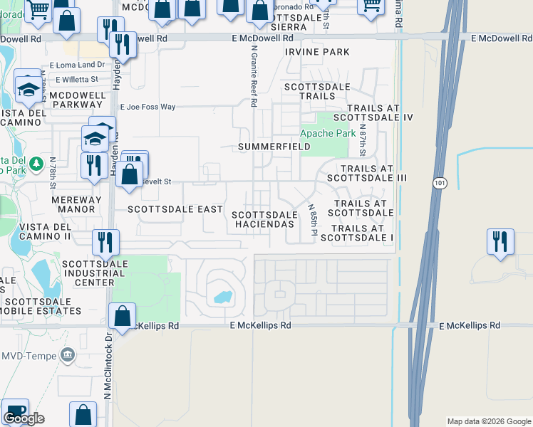 map of restaurants, bars, coffee shops, grocery stores, and more near 985 North Granite Reef Road in Scottsdale