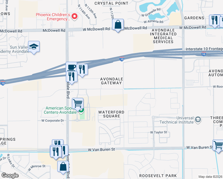map of restaurants, bars, coffee shops, grocery stores, and more near West Roosevelt Street in Avondale