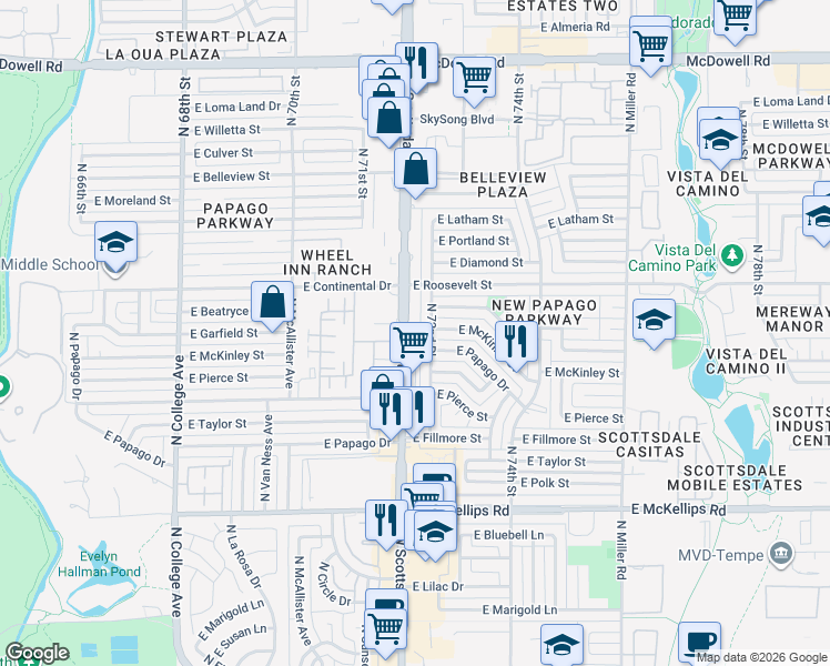 map of restaurants, bars, coffee shops, grocery stores, and more near 902 North 72nd Place in Scottsdale